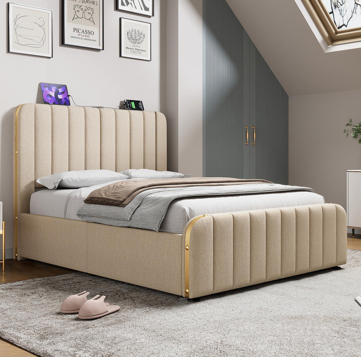 POLSTERBETT 140/200 cm Beige mit Stauraum und USB- und Type-C-Anschlüssen - Beige, Textil (140/200cm) - Flora Grace