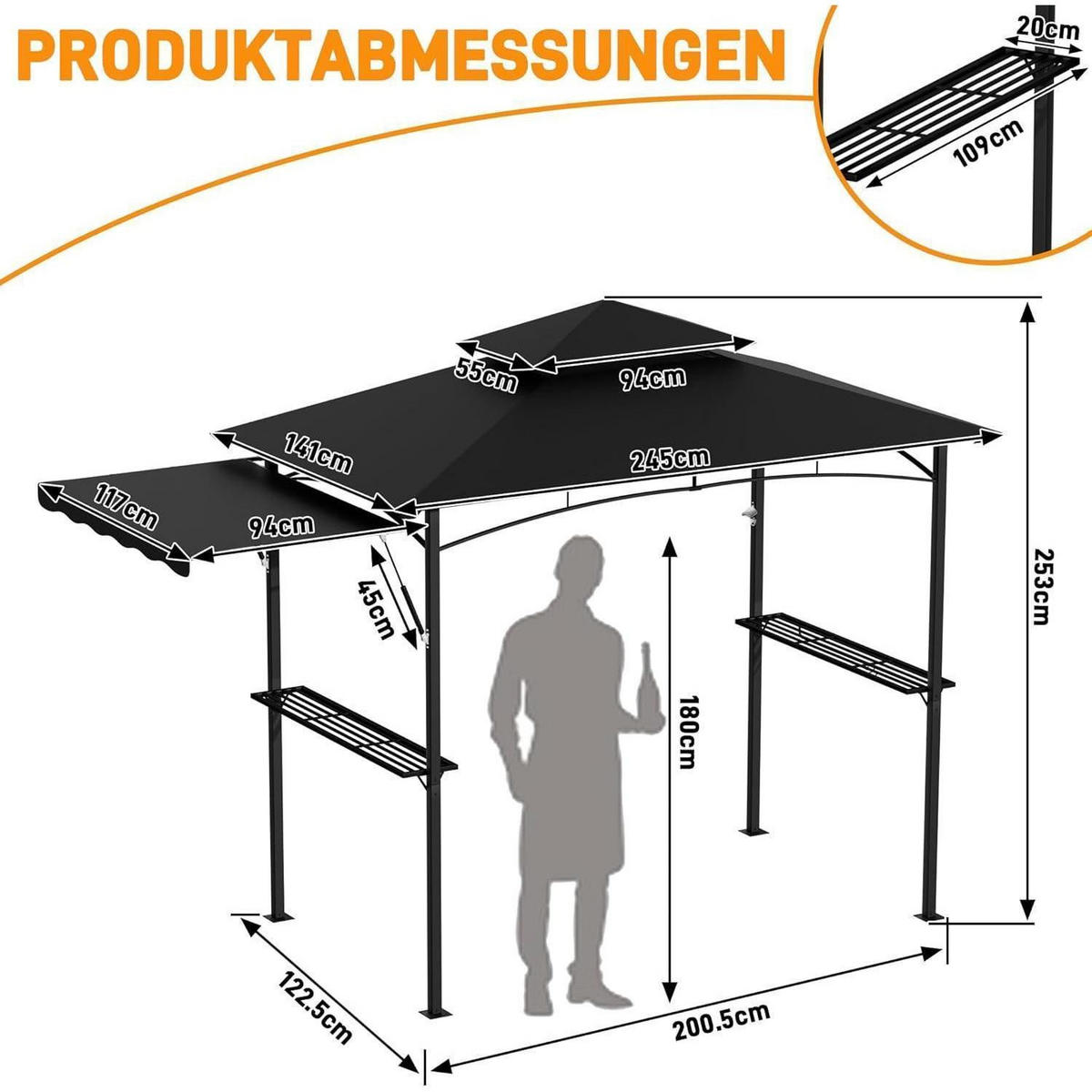 GRILLPAVILLON mit Seitenmarkise und Ablagen Schwarz - Schwarz, Metall (123/253/201cm)
