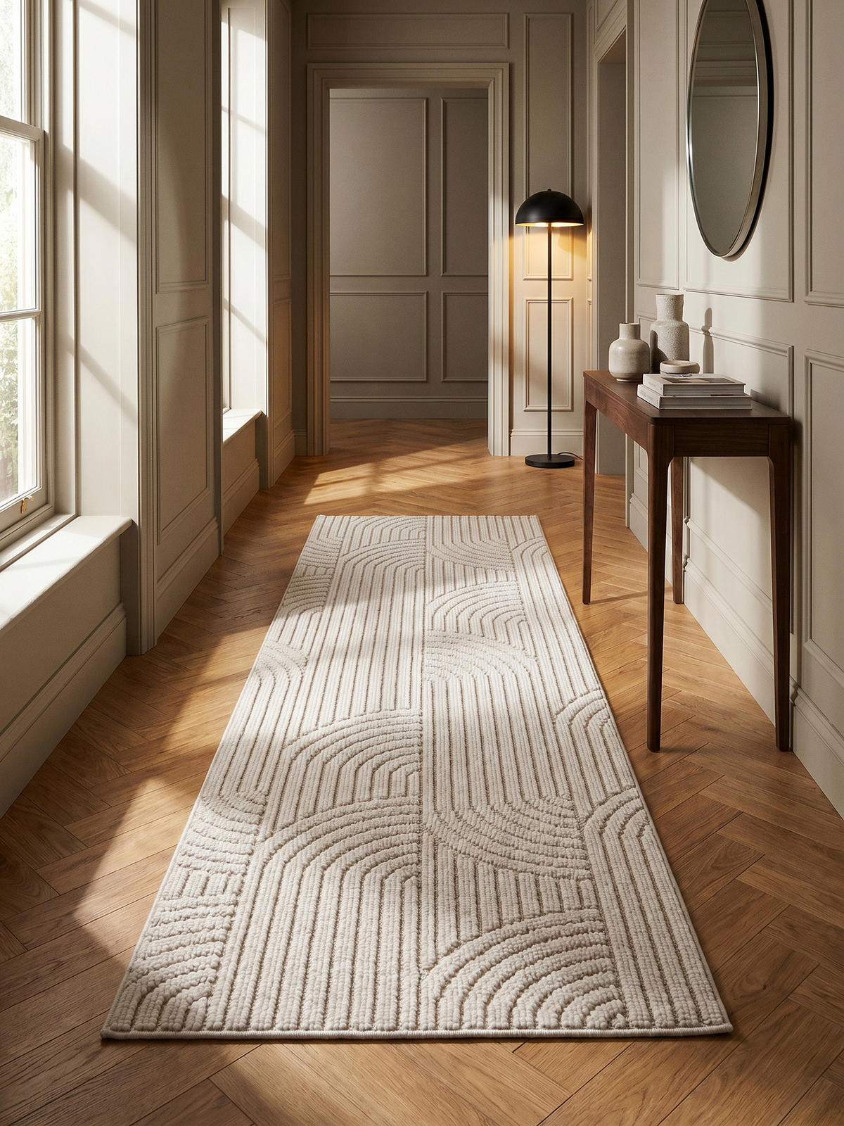 TEPPICH Flachgewebe LANGAU in Creme, mit geometrischen Bögen, 80 x 250 cm - Beige, Textil (80/250cm) - KADIMA DESIGN