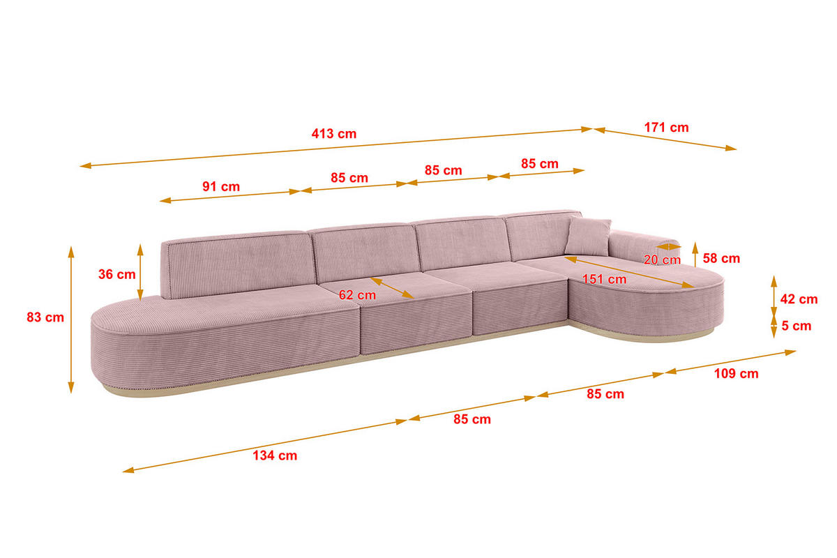 ECKSOFA Ottomane Rechts MARI-L3-v1 - 413x171x83 cm Rosa Cord - Rosa, Holzwerkstoff/Textil (171/413cm) - ALTDECOR