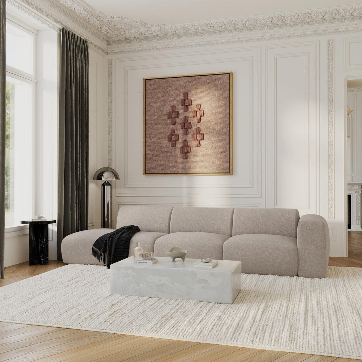 SOFA 5-Sitzer Rastergewebe Beige 310cm - Beige, Textil (310/73/96cm) - Sia Home