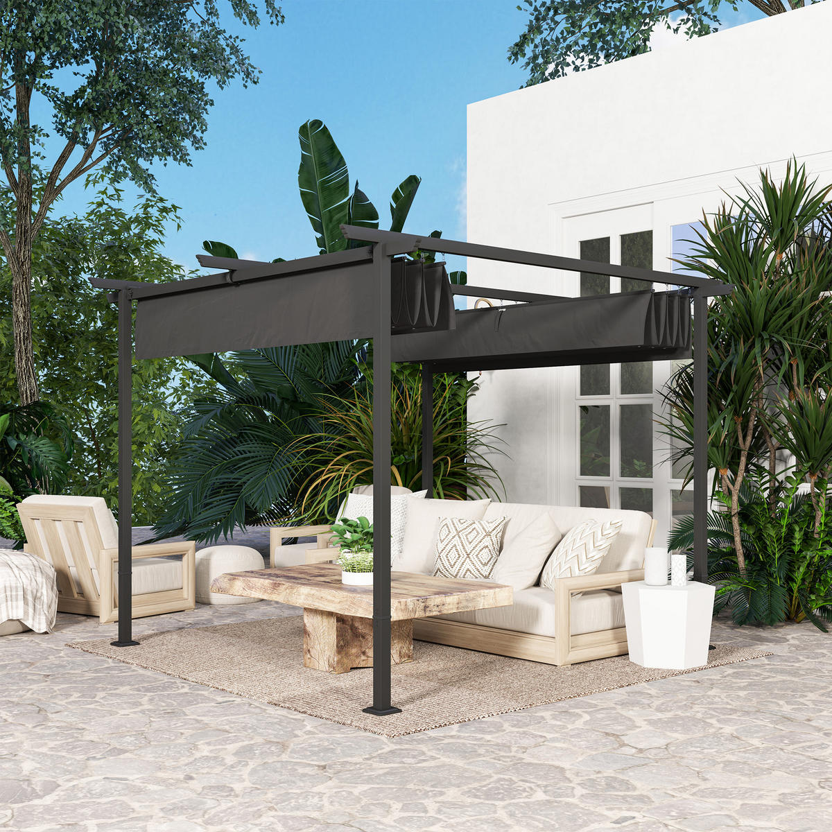 3 x 3 m Garten-Pergola mit verstellbarem Dach, Metallrahmen, UPF30+ Schutz, Sonnendach für Veranda, Terrasse, Dunkelgrau - Dunkelgrau, Metall (300/227/300cm)