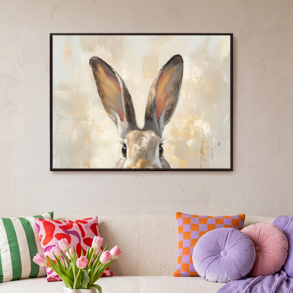 LEINWAND Bilder mit Rahmen - Hase - Ohren - Braun - 100x70 - Beige, Textil (100/70cm) - MuchoWow