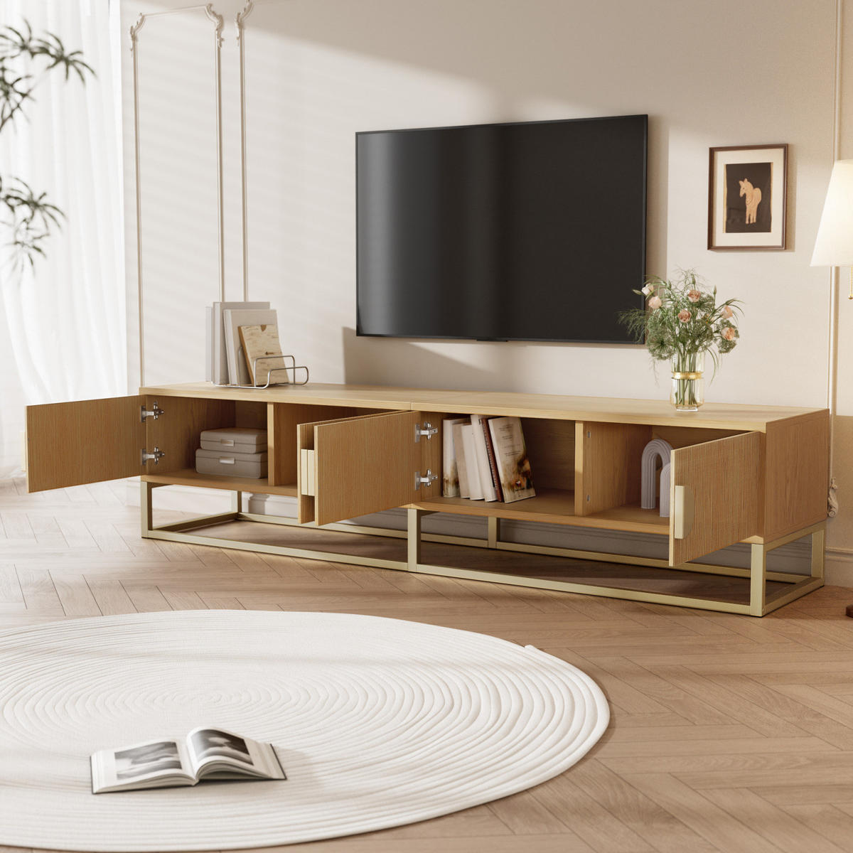 TV Lowboard 180 cm, 4 Türen, halbrunde Griffe, Holz - Braun, Holz (180/40/40cm)