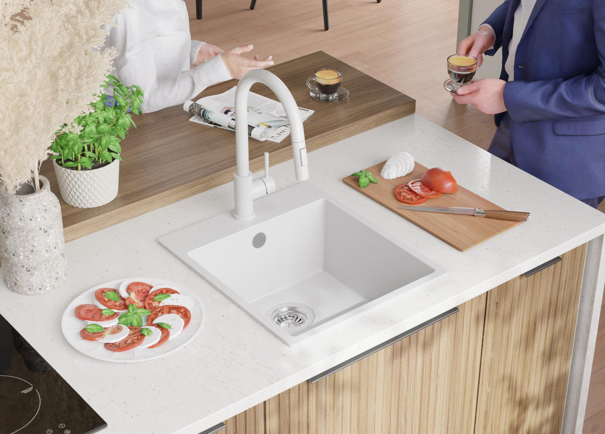 SPÜLBECKEN Riga, 2-er set Weiß 43/50 cm 1 Becken + Ablauf-Set ab 45er Unterschrank - Chromfarben/Weiß, Kunststoff (43/20/50cm) - Primagran