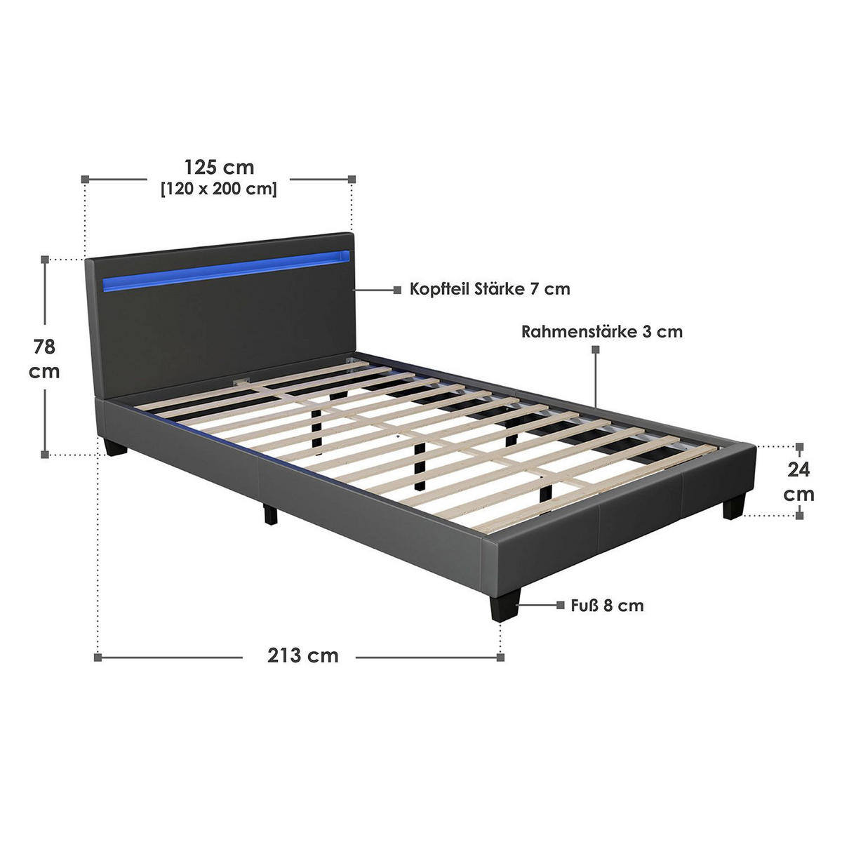 POLSTERBETT Paris mit LED dunkelgrau 120x200cm - Dunkelgrau, Holz (120/200cm) - Juskys