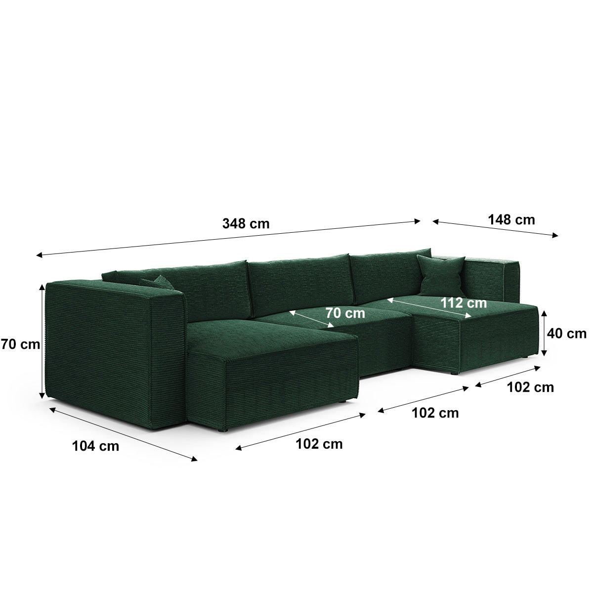 PANORAMSKA SOFA Jimmy 5 mjesta za sjedenje Borova zelena - zelena, drvo (348/77/148cm) - Petits-meubles