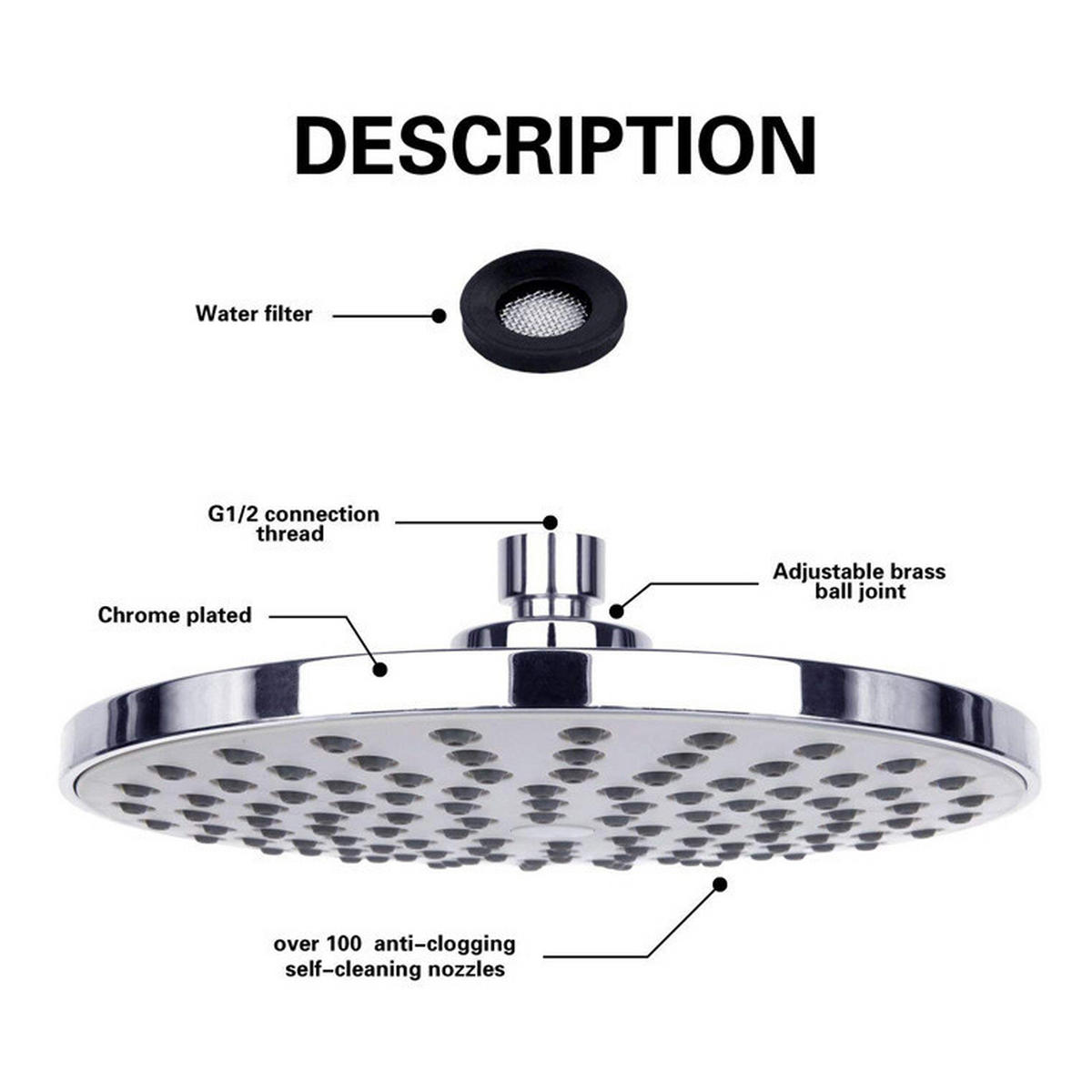 DUSCHKOPF – kompatibel mit 1/2-Zoll-Anschluss – Durchmesser: 195 mm; Höhe: 63 mm - Silberfarben, Kunststoff (19.5cm)