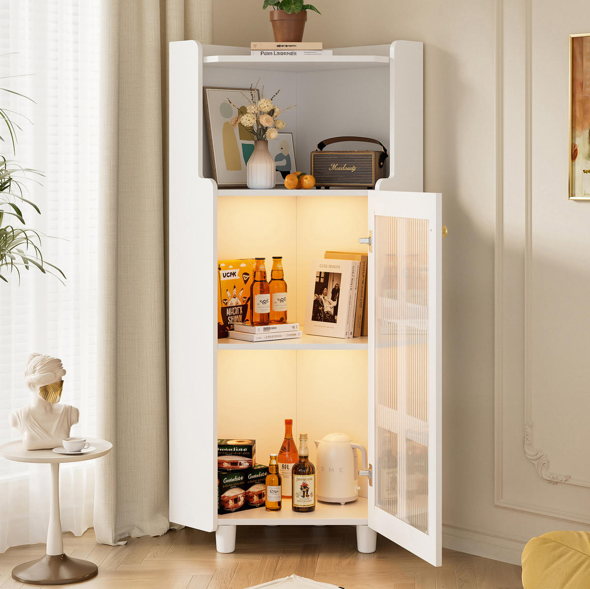 LED-ECKSCHRANK 63.5x16.5x124 cm Weiß aus Spritzglas mit App-LED & 2-in-1 Stauraum - Weiß, Holzwerkstoff (63.5/124/16.5cm) - Modfu