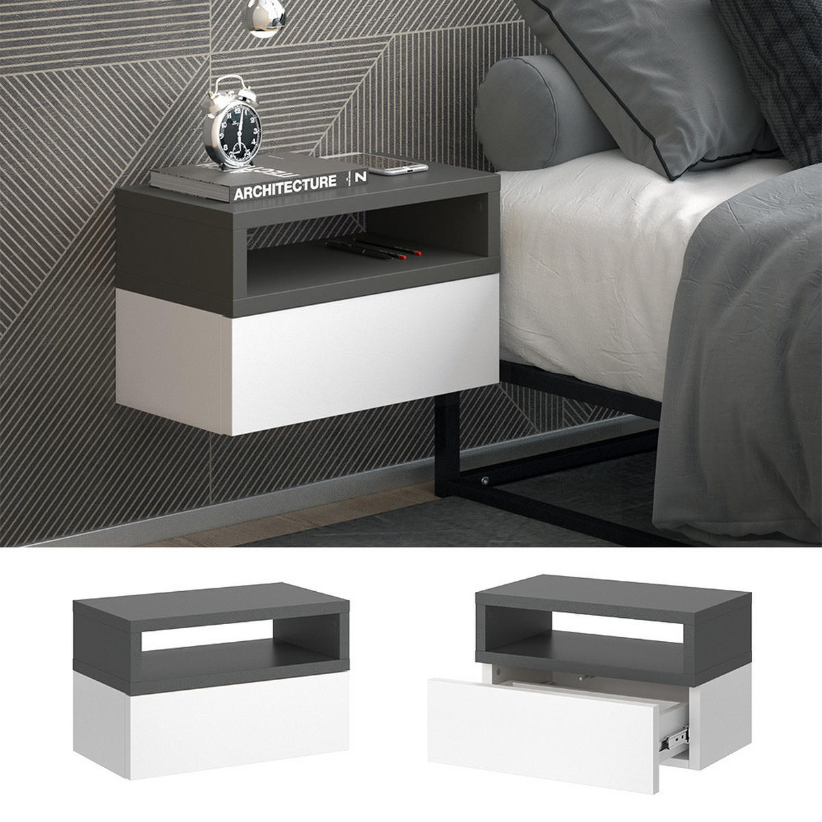 NACHTTISCH Urbano Anthrazit 45 x 28 cm - Anthrazit/Weiß, Holzwerkstoff (45/28/25.3cm) - Vicco