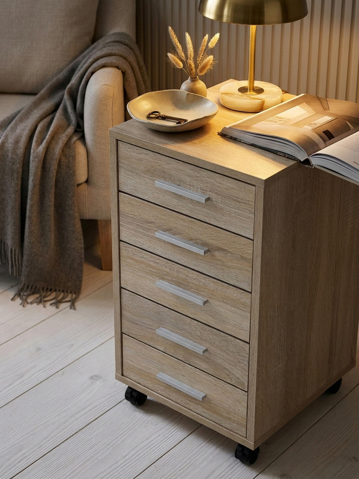 SCHUBLADENSCHRANK Holz 5 Schubladen Mit Rollen ITTER, Beige 33x38x63 cm - Beige/Schwarz, Holz/Kunststoff (33/63/38cm) - KADIMA DESIGN