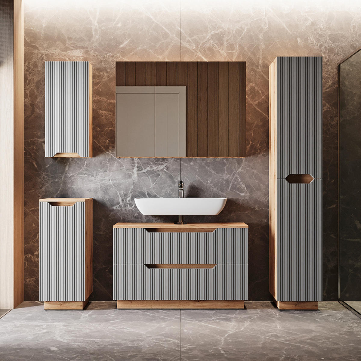 BADMÖBEL-SET Lotta Eiche/grau gestreift 3 Teile - Grau, Holzwerkstoff (99.4/62.5/32cm) - Vicco