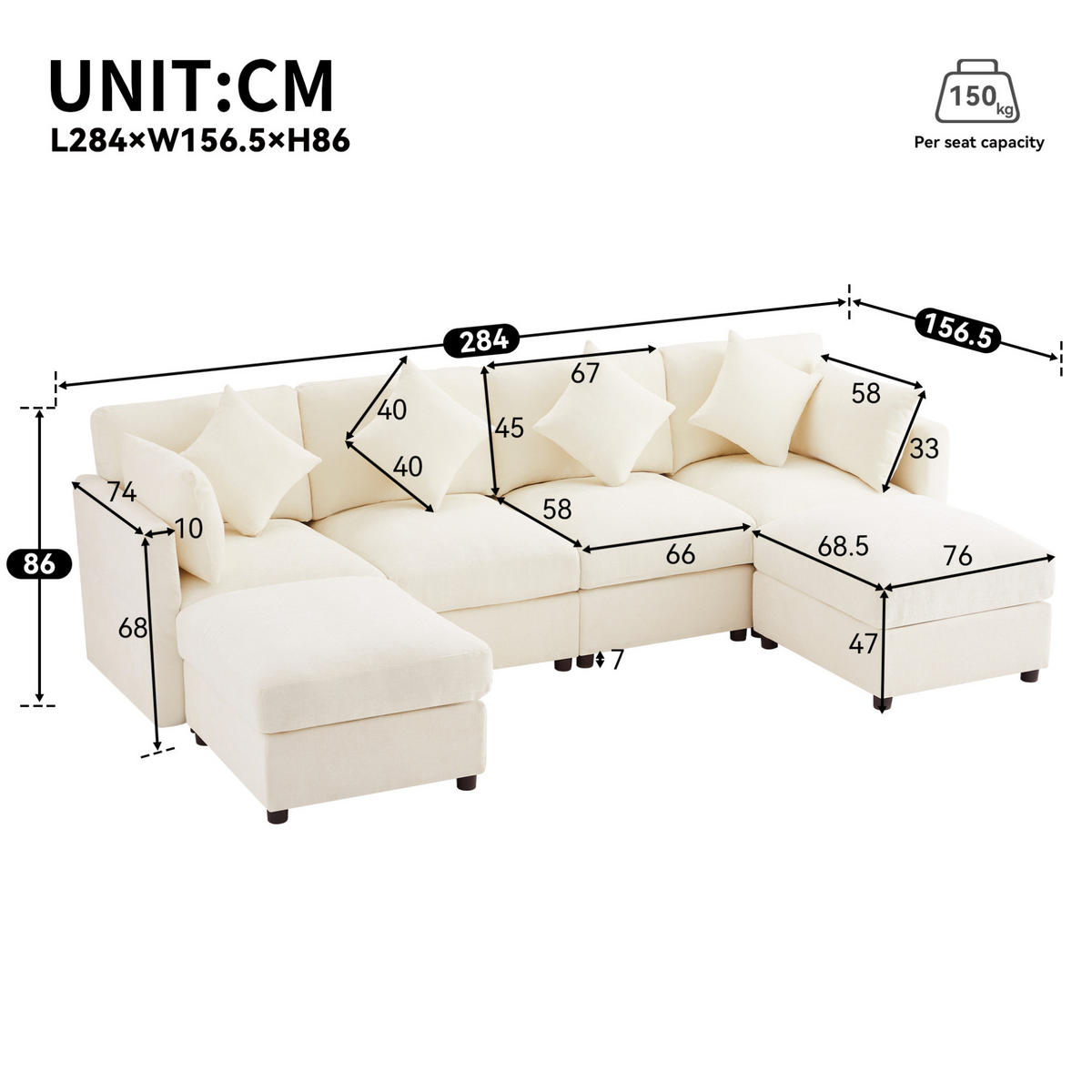 MODULARES Ecksofa 284/156,5/86 cm aus Chenille mit verstellbaren Armlehnen Beige - Beige, Textil (156.5/284cm) - Modenvie