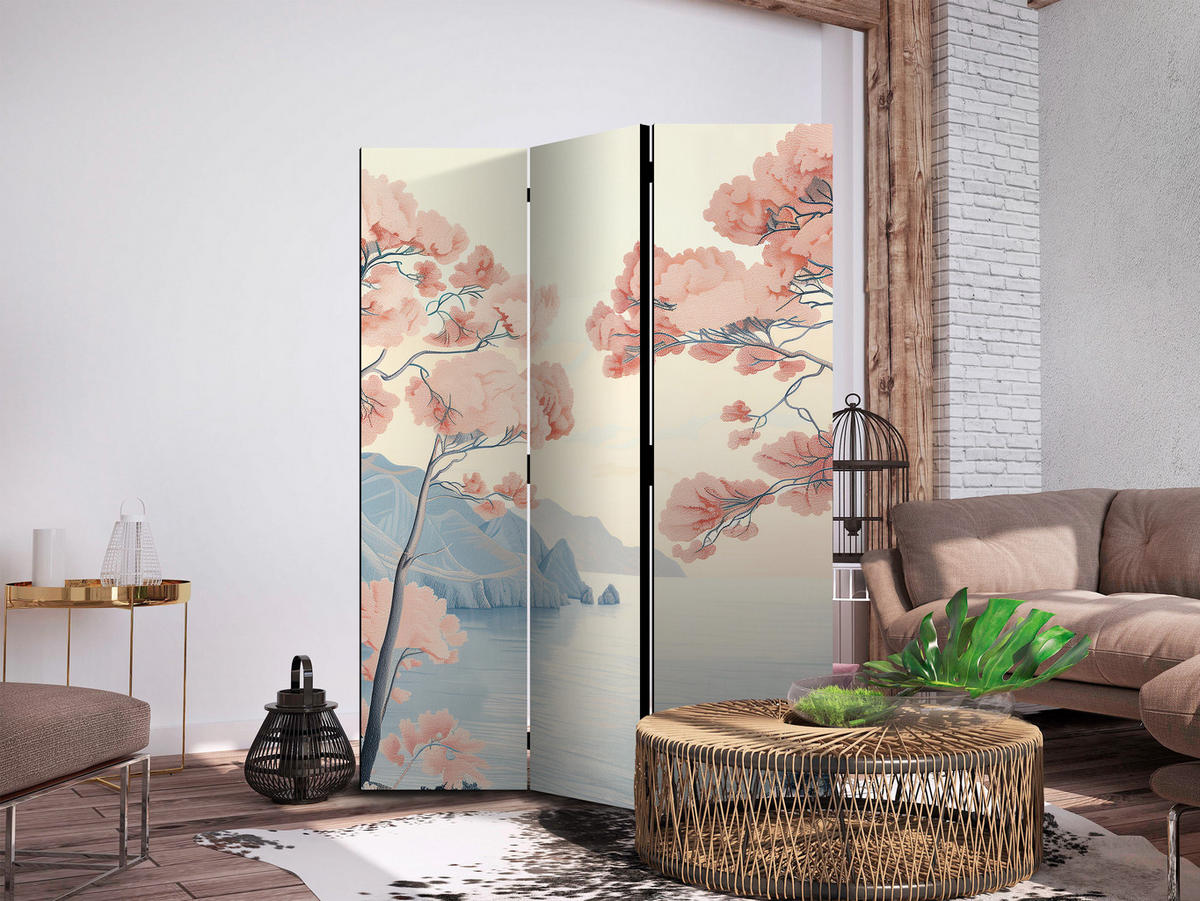 PARAVENT Beidseitig Bedruckter 3-tlg 135x172 cm Ozeanklippen Landschaft im Boho - Multicolor, Holz/Textil (135/172/3cm) - Muralo