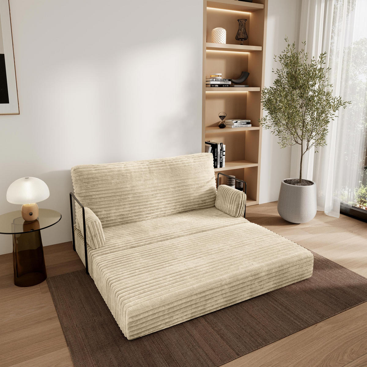 POHOVKA z pěny LADIA s kovovým rámem Manšestrová látka Krémová - krémová, textil (140/86/60cm) - MASSENO