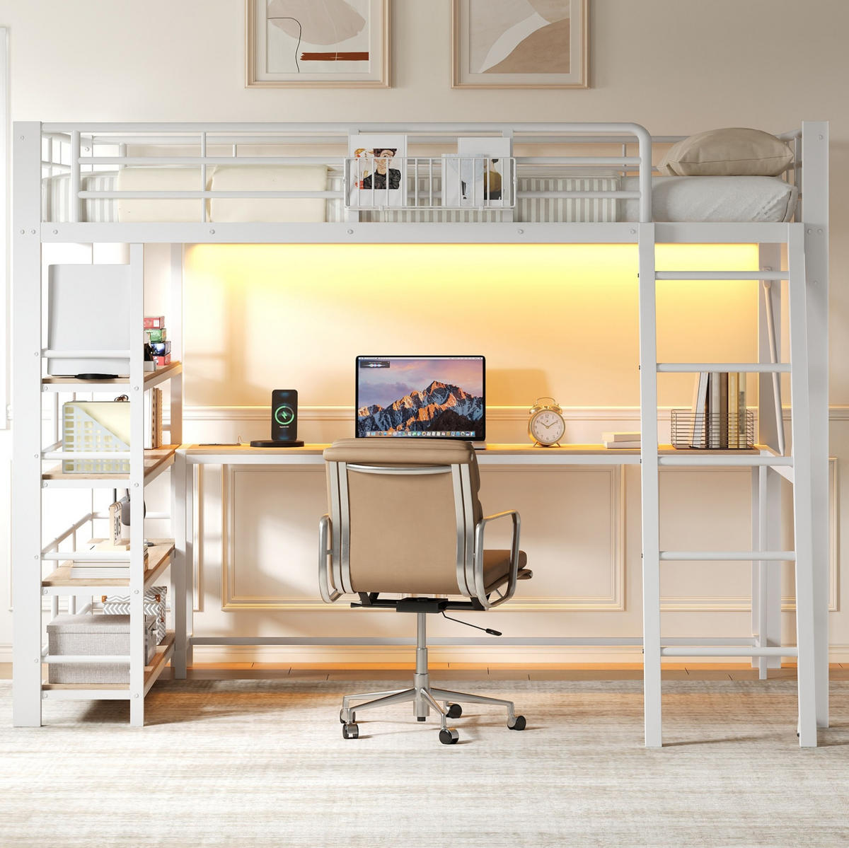 HOCHBETT aus Metall und MDF 140x200 cm Weiß mit Schreibtisch, LED-Beleuchtung, Regal und Aufbewahrungskorb - Weiß, Holzwerkstoff (140/200cm) - Modfu