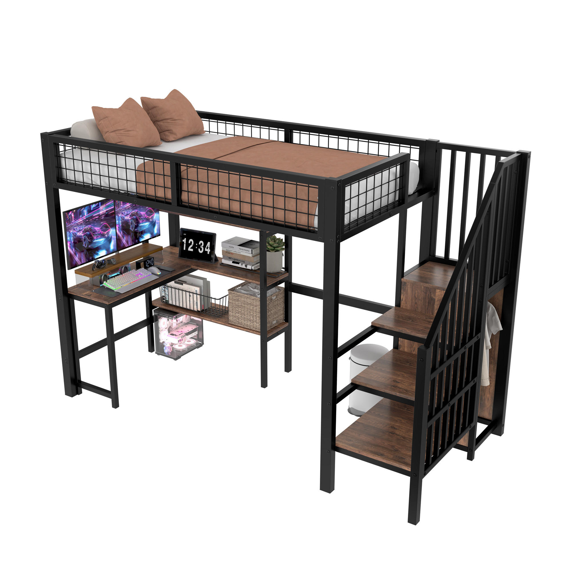 HOCHBETT 90/200 cm mit Schreibtisch, Regalen und Kleiderschrank in Schwarz/Braun - Schwarz, Holzwerkstoff (90/200cm) - Flora Grace