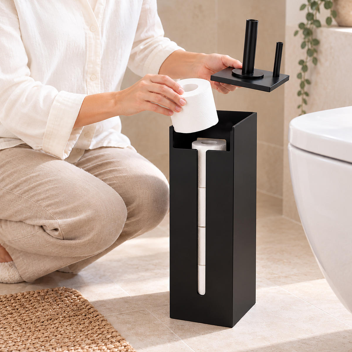 TOILETTENPAPIERHALTER Schwarz MDF für 4 Rollen - Schwarz, Holzwerkstoff (14/44/14cm) - Relaxdays