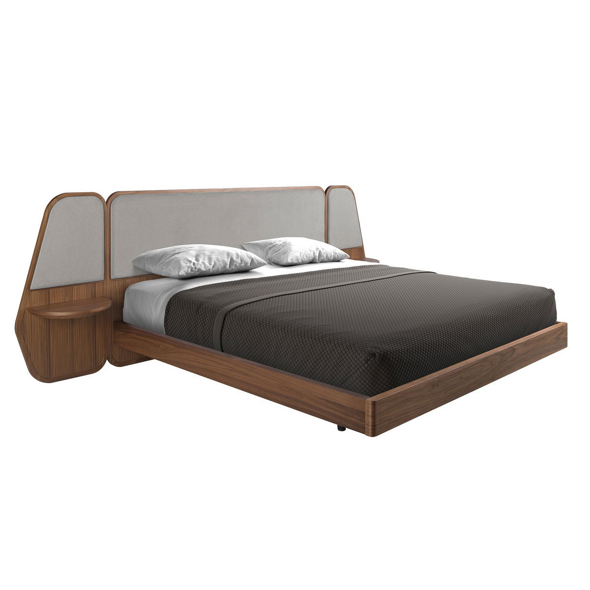 BETT Bett in Walnuss und grauem Stoff 296/209/110 cm - Walnussfarben, Holz (180/200cm) - ANGEL CERDA