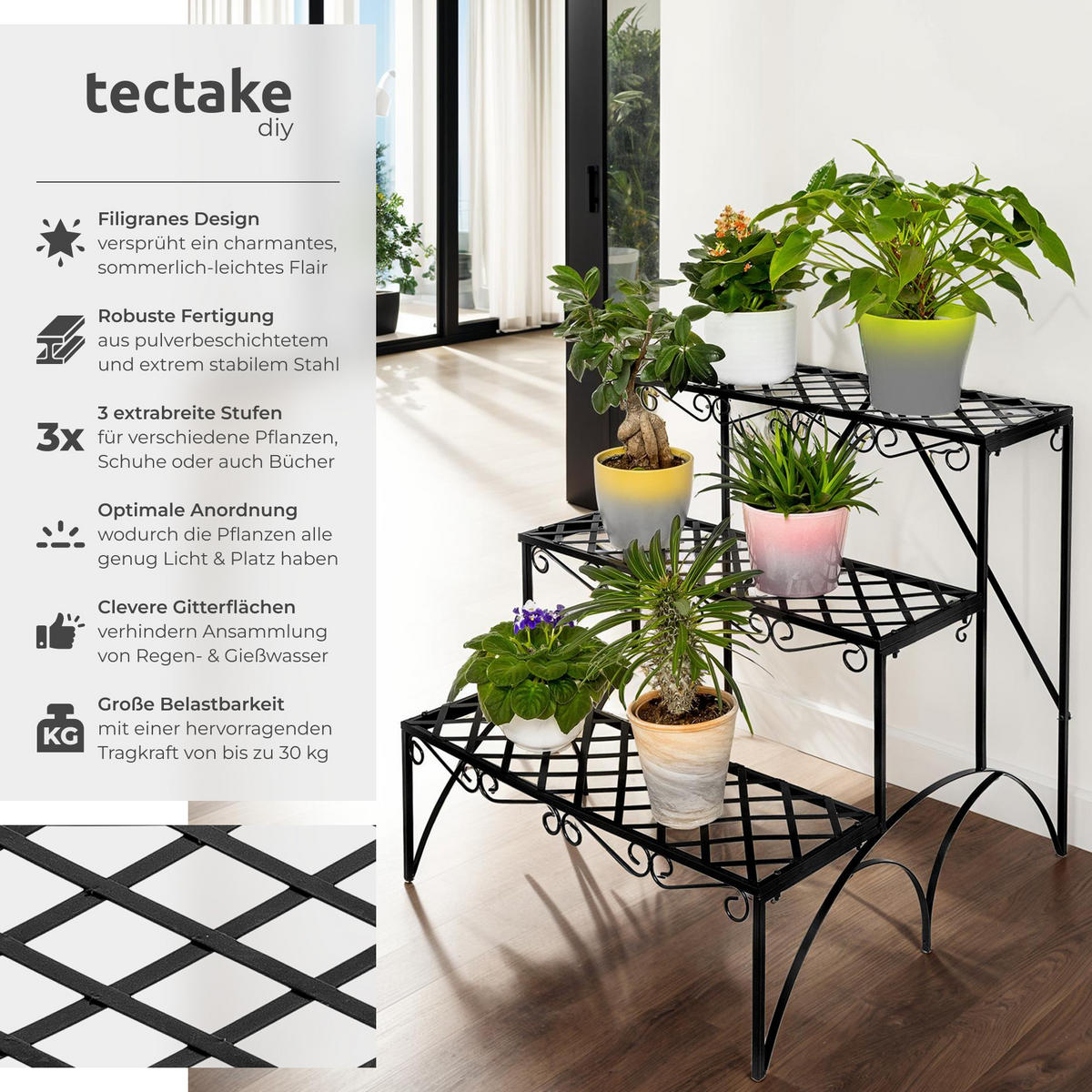 BLUMENTREPPE Michelle,60 x 60 x 60 cm,schwarz - Schwarz, Metall (60/60/60cm) - tectake