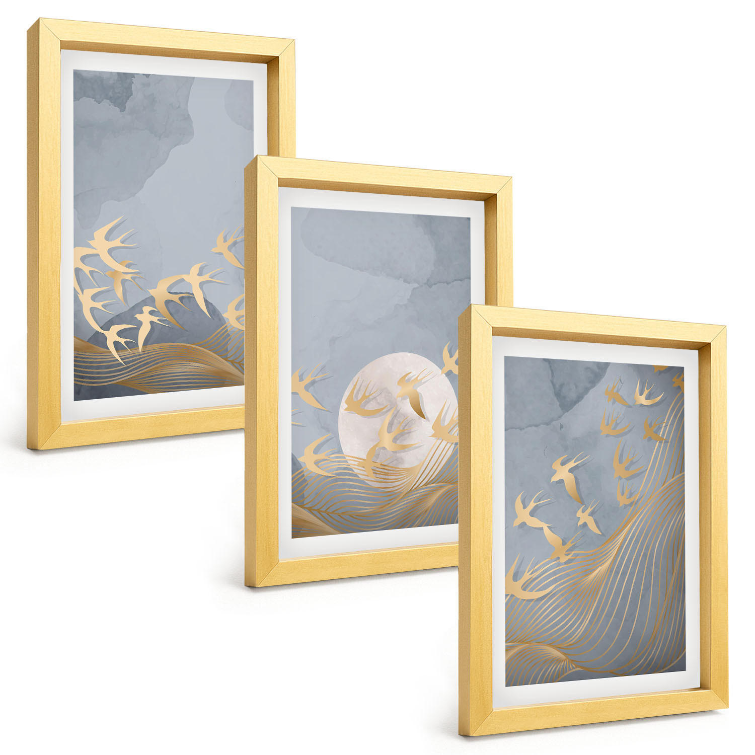 BILDER SET 3er Set - 20x30 cm Goldrahmen - Vögel, die am Himmel fliegen - Goldfarben, Kunststoff (20/30cm) - TULUP