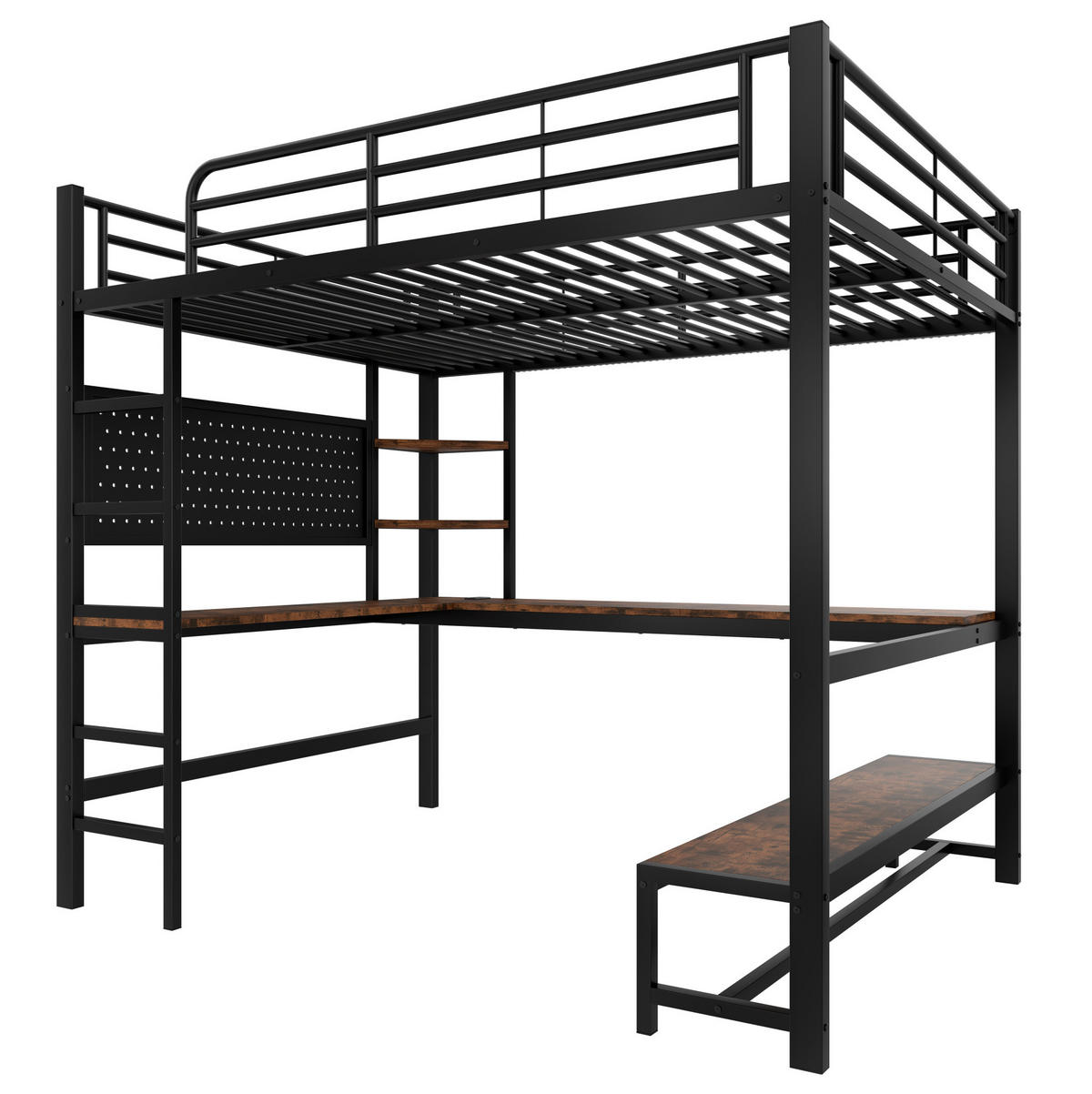 HOCHBETT 140/200 cm aus Metall/MDF mit Schreibtisch, LED-Leiste und USB-C-Anschluss Schwarz - Schwarz, Metall (140/200cm) - Modenvie