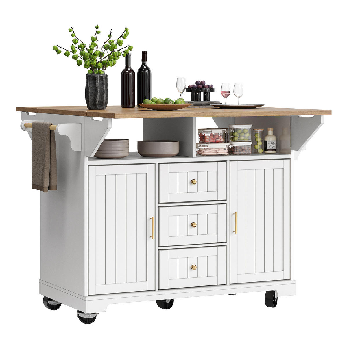 KÜCHENINSEL 120/40/95 cm weiß und Metall mit Klapptisch - Weiß, Holzwerkstoff (120/95/80cm) - OKWISH