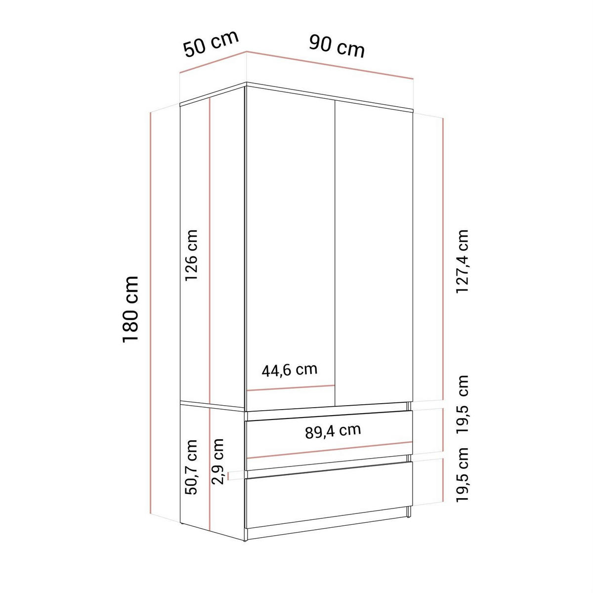SCHRANK HANA SS-90 Kaschmir - Kaschmir, Holzwerkstoff (90/180/50cm) - Lookway