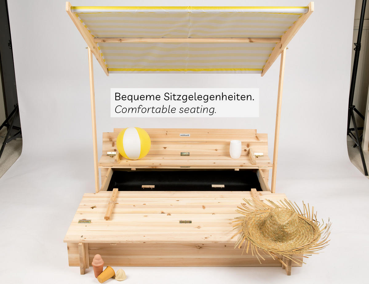 SANDKASTEN mit Abdeckung und Sitzbank aus Holz, wetterfest - Gelb, Holz (120/120/120cm) - needs&wants