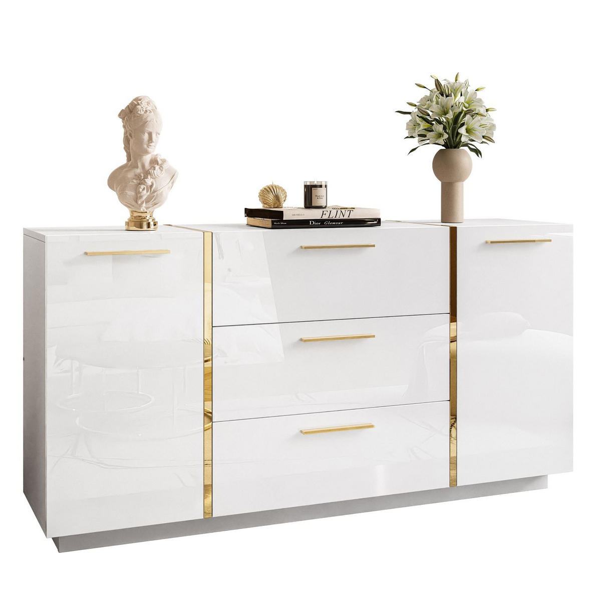 KOMMODE MIT SCHUBLADEN ONYX HOCHGLANZ 158 CM - Weiß, Holzwerkstoff (158/81/41.3cm) - Lookway