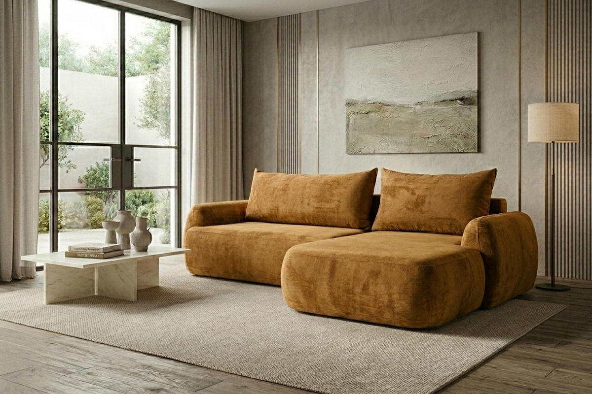 ECKSOFA Mit Schlaffunktion Und Bettkasten, Chenille-Stoff Perfecto, Honigfarbe, Rechts, HELA II - Honig, Holz (280/184cm) - Kaiser Möbel