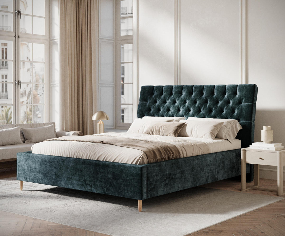 POLSTERBETT Vezzola Türkisfarben 120/200 cm im Chenille-Stoff - Türkis/Naturfarben, Holz/Holzwerkstoff (120/200cm) - Maison de Reve