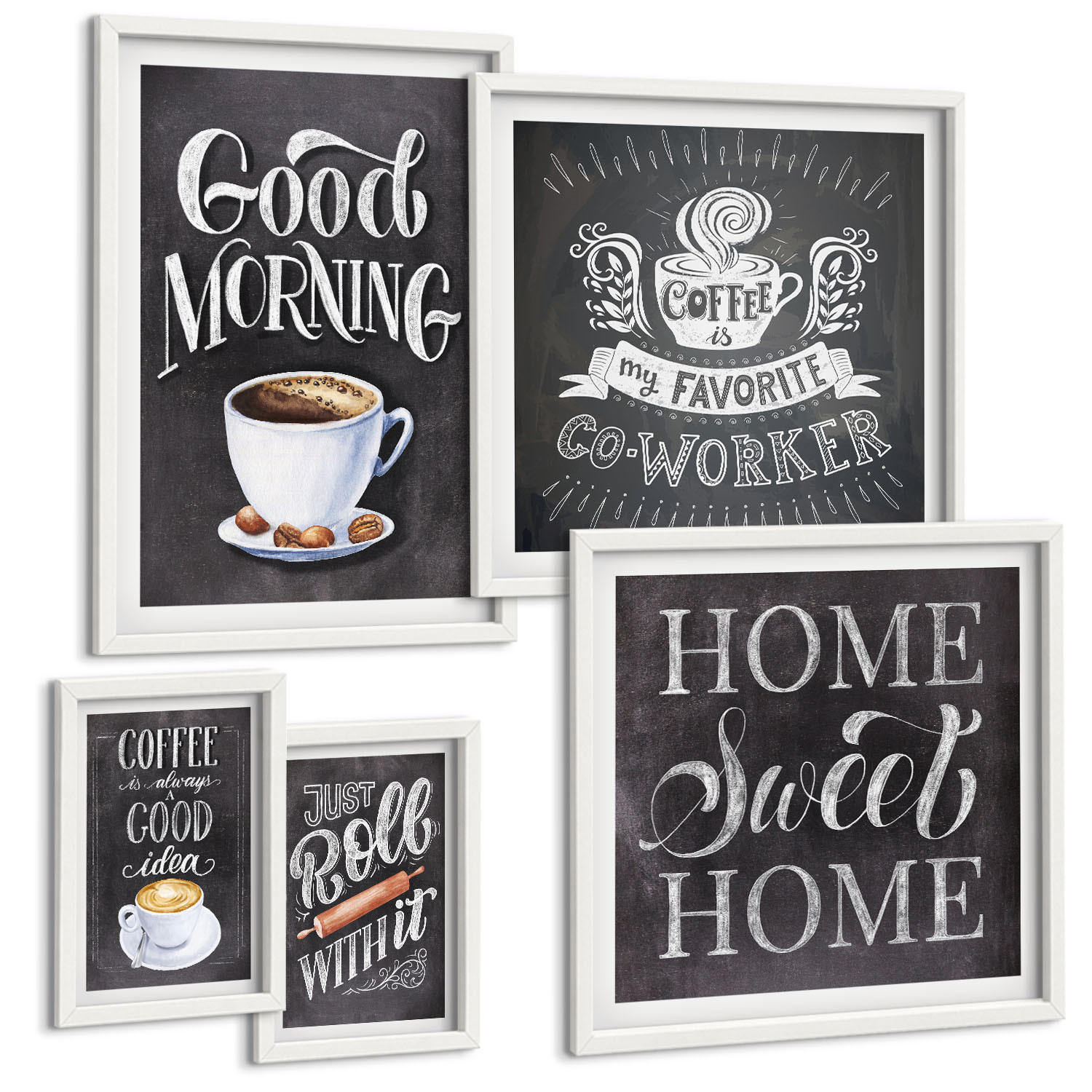 BILDER SET 5er Set - 50x50 cm & 20x30 cm & 40x60 cm Weißer Rahmen - Kaffeeroller, heimelige Wärme - Weiß, Kunststoff (40/60cm) - TULUP