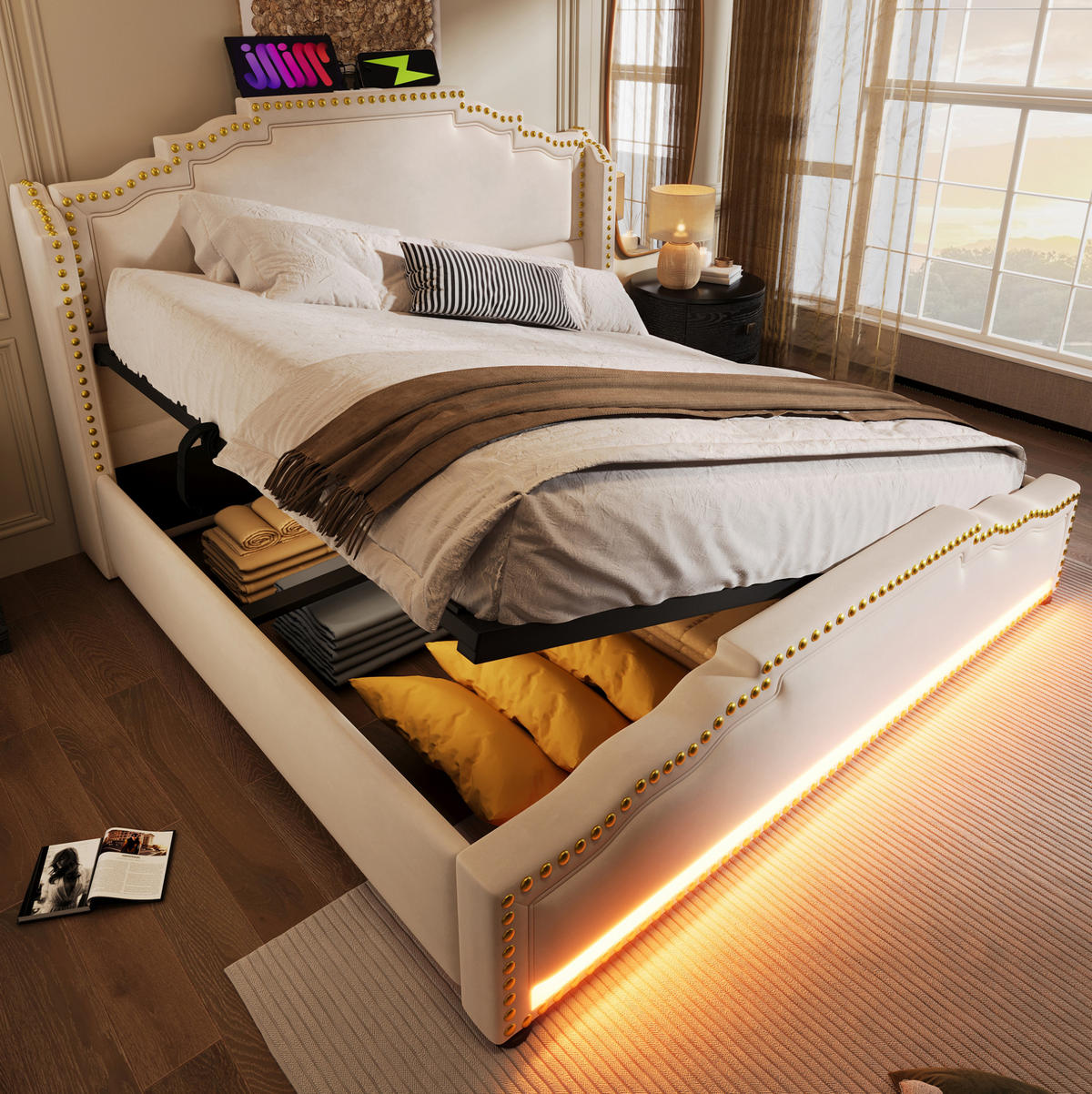 ČALÚNENÁ posteľ 140/200 cm s LED osvetlením, USB a Type-C portami, hydraulickým úložným priestorom z velúru, Béžová - béžová, textil (140/200cm) - Redom