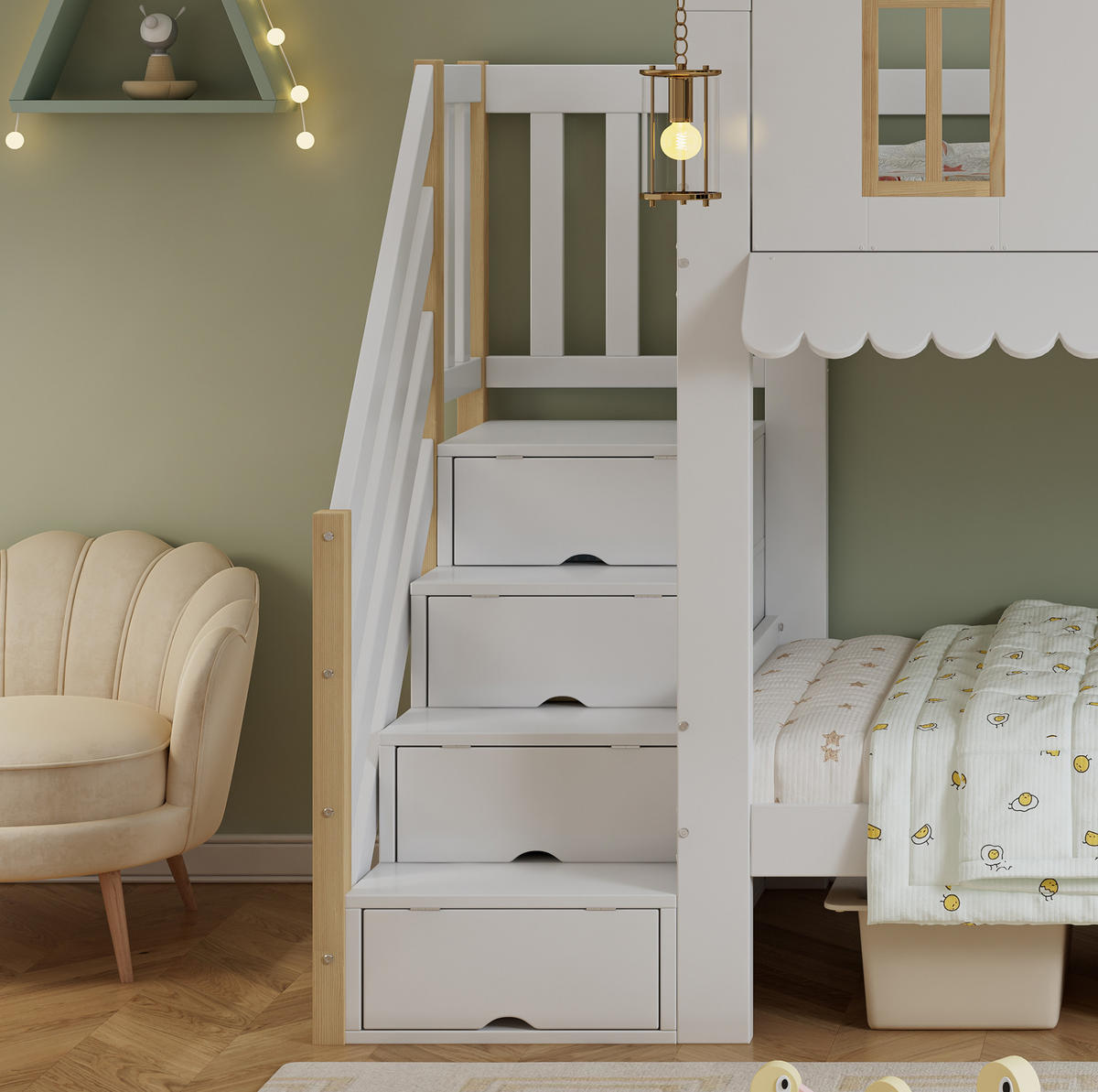 POSCHODOVÁ posteľ 90/200 cm biela/prírodná z masívneho dreva a MDF s úložnými schodmi - biela, drevo (90/200cm) - OKWISH