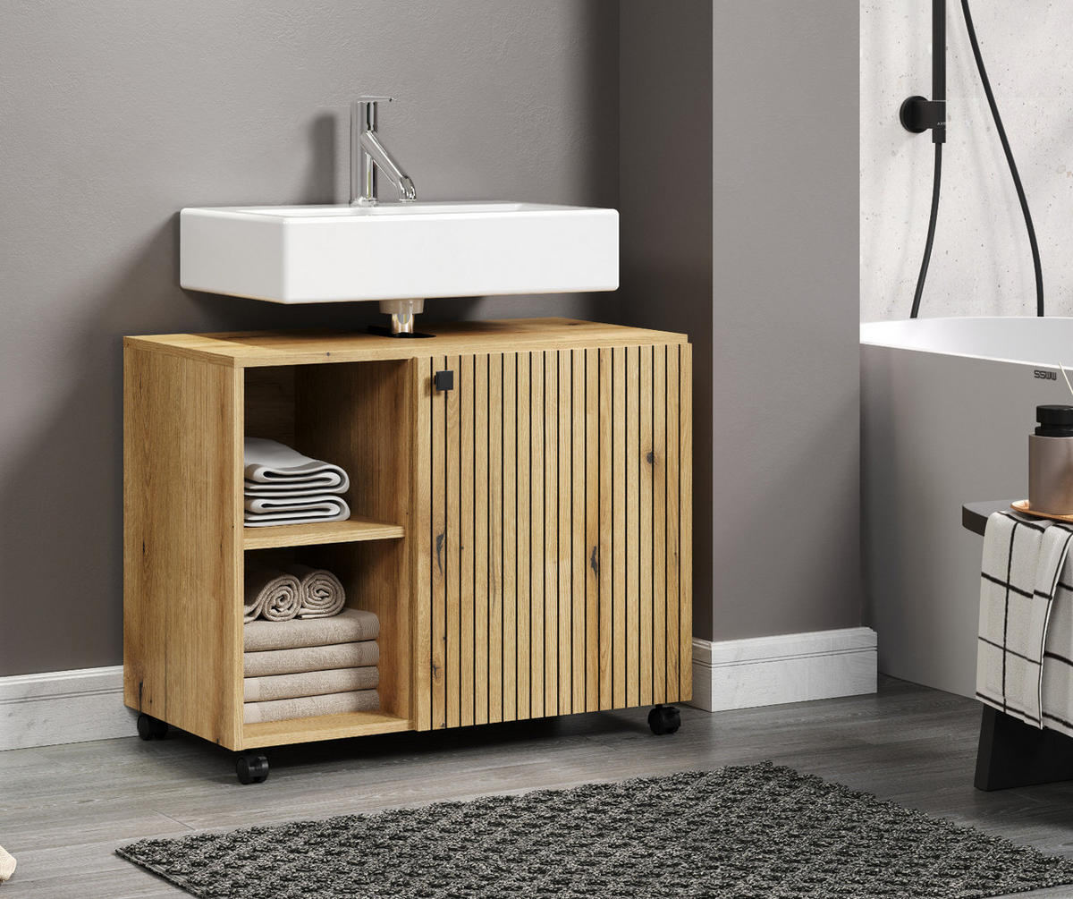 WASCHBECKENUNTERSCHRANK Evoke Eiche 80 cm, Badschrank auf Rollen - Eichefarben/Schwarz, Holzwerkstoff/Kunststoff (80/64/42cm) - Top.Furn