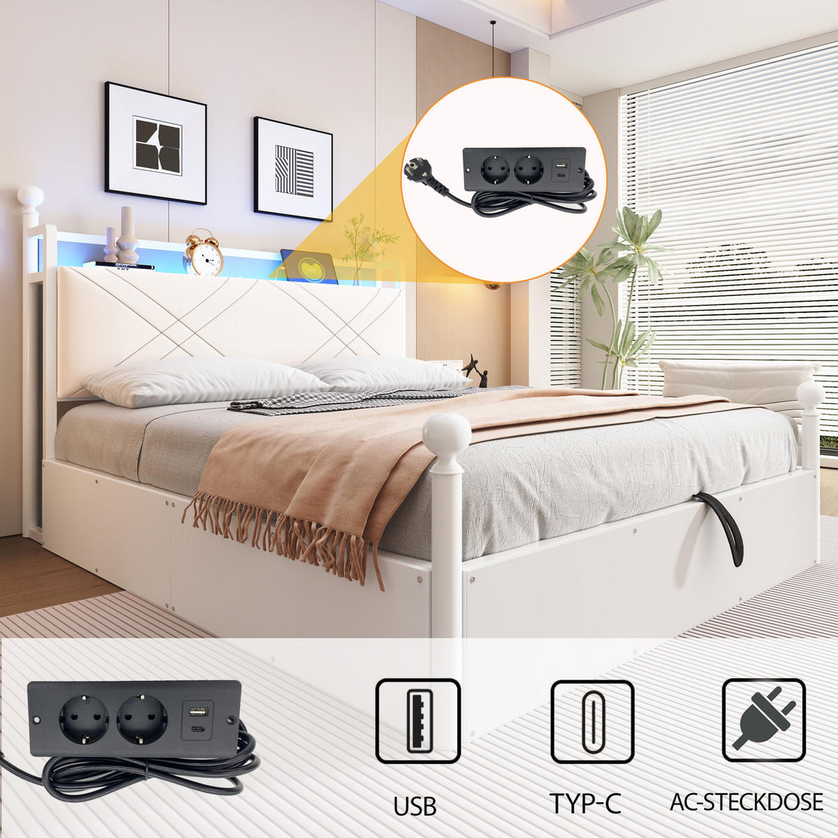 POLSTERBETT 140/190 cm Weiß mit LED-Beleuchtung und USB-/Typ-C - Weiß, Holz (140/190cm) - Oxeza
