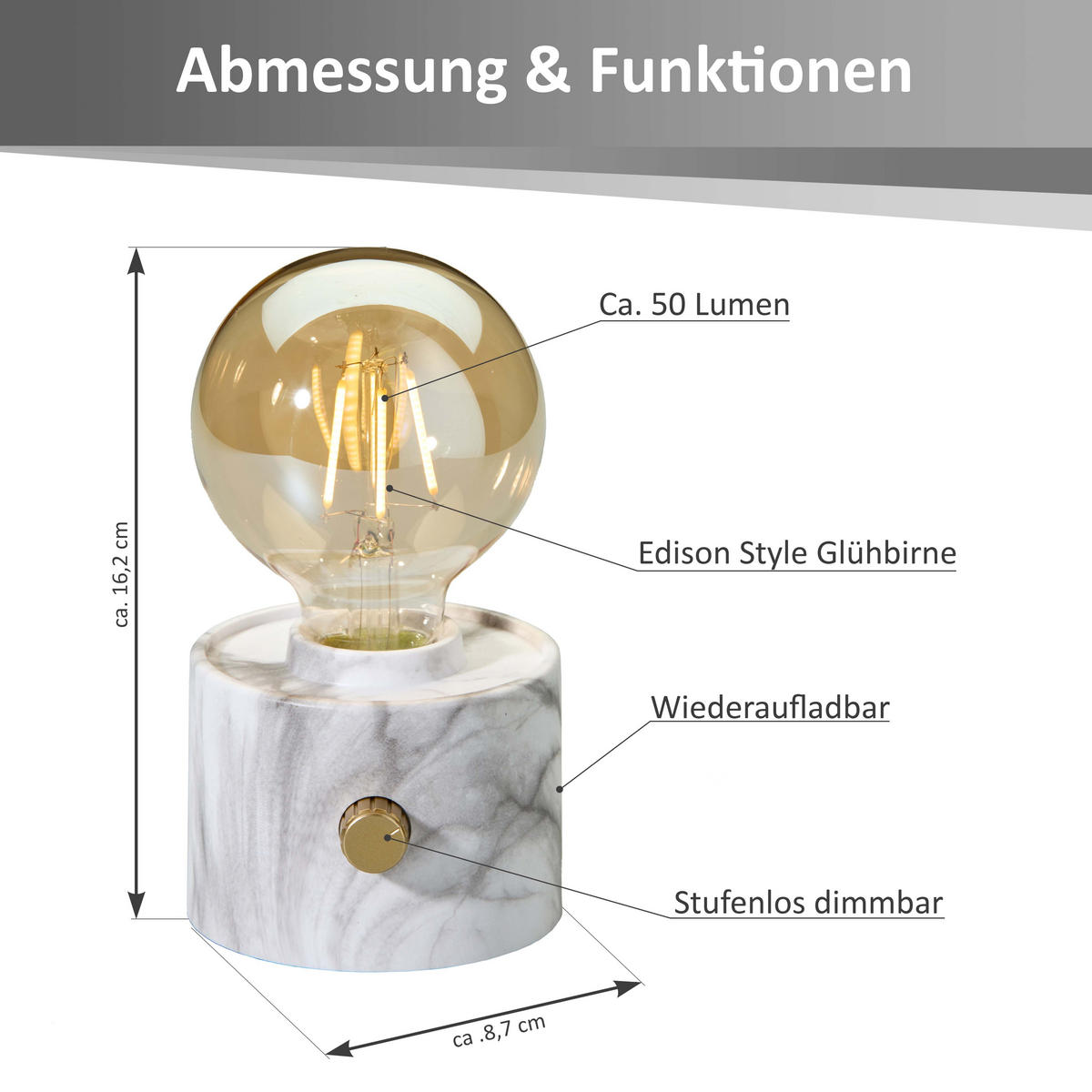 LED-TISCHLAMPE Vintage Edison dimmbar 10x9x16cm Marmor - Weiß Hochglanz, Kunststoff (10/8.7/16cm) - Northpoint