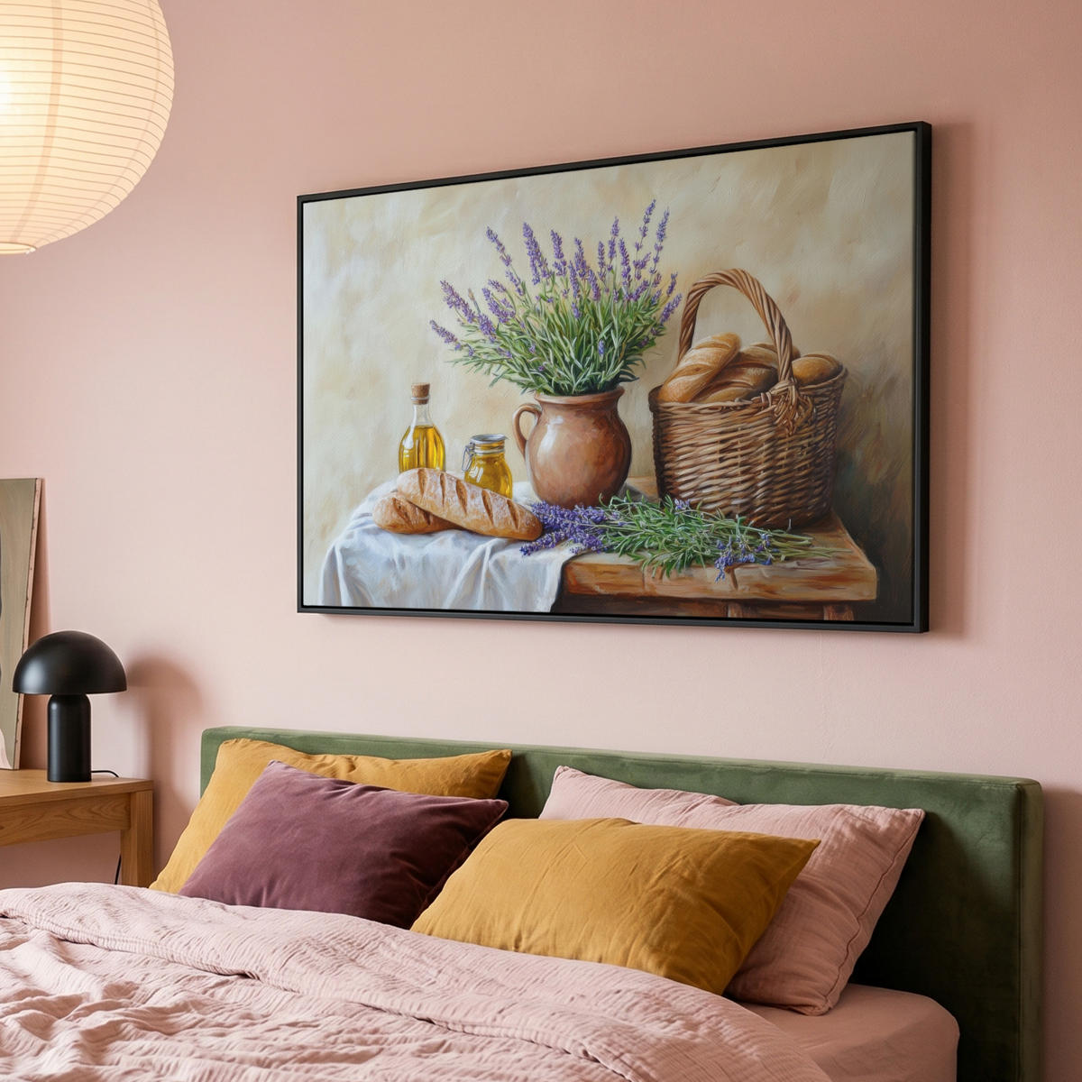 LEINWAND Bilder mit Rahmen - Lavendel - Brot - Stilleben - 120x80 - Flieder, Textil (120/80cm) - MuchoWow