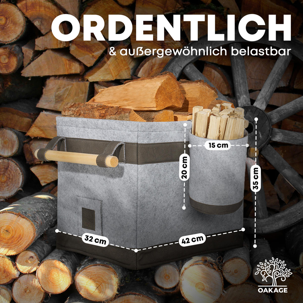 KAMINHOLZKORB FireMaster Duo 2er-Set Filz mit einhängbarem Zündholzkorb 42/32/35 cm - Grau, Textil (32/35/42cm) - OAKAGE