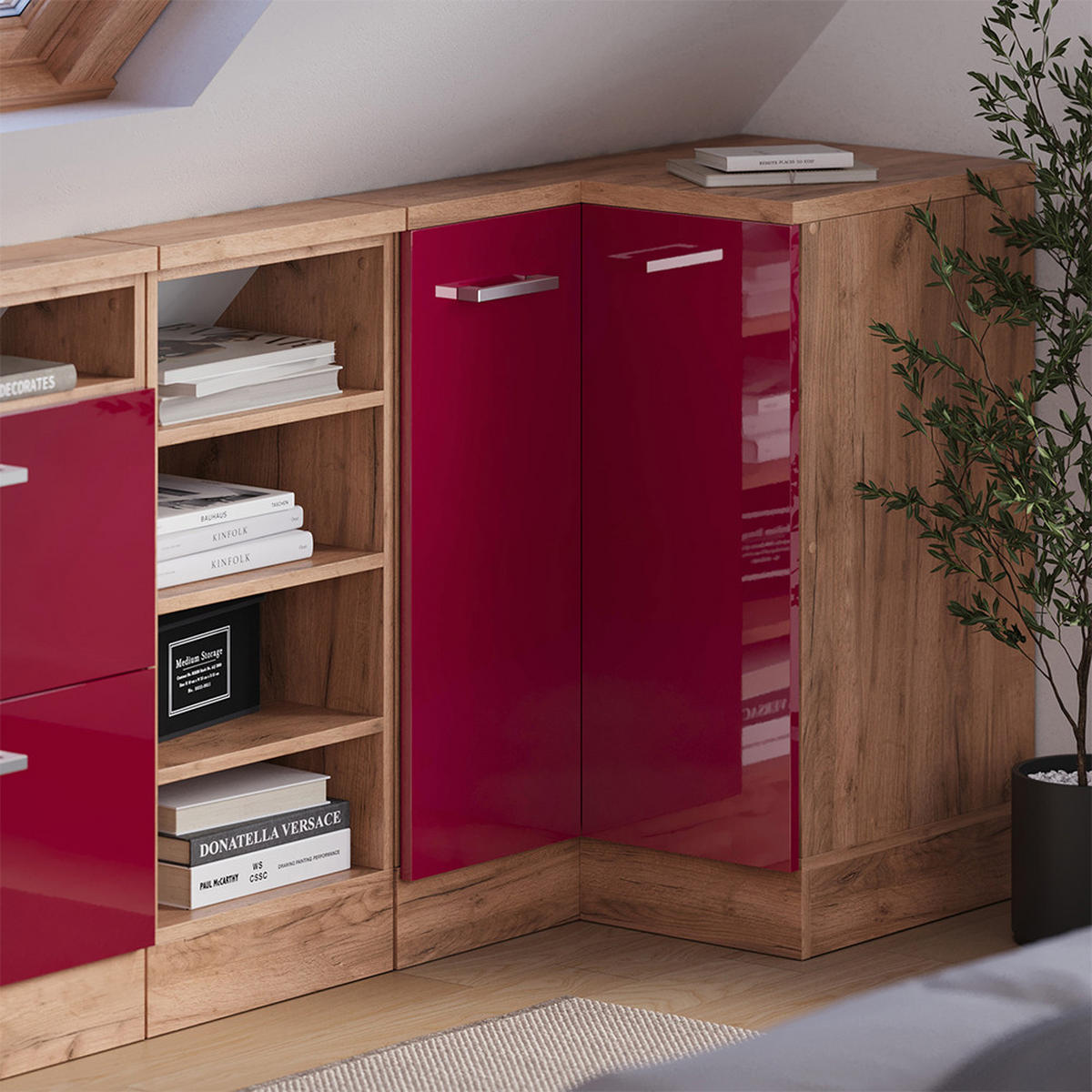 DACHSCHRÄGENSCHRANK ECKSCHRANK Rion Rot Hochglanz/Goldkraft Eiche 75.6 x 81.6 cm mit 1 Tür - Honigeiche/Rot, Holzwerkstoff (75.6/81.6/75.6cm) - Vicco