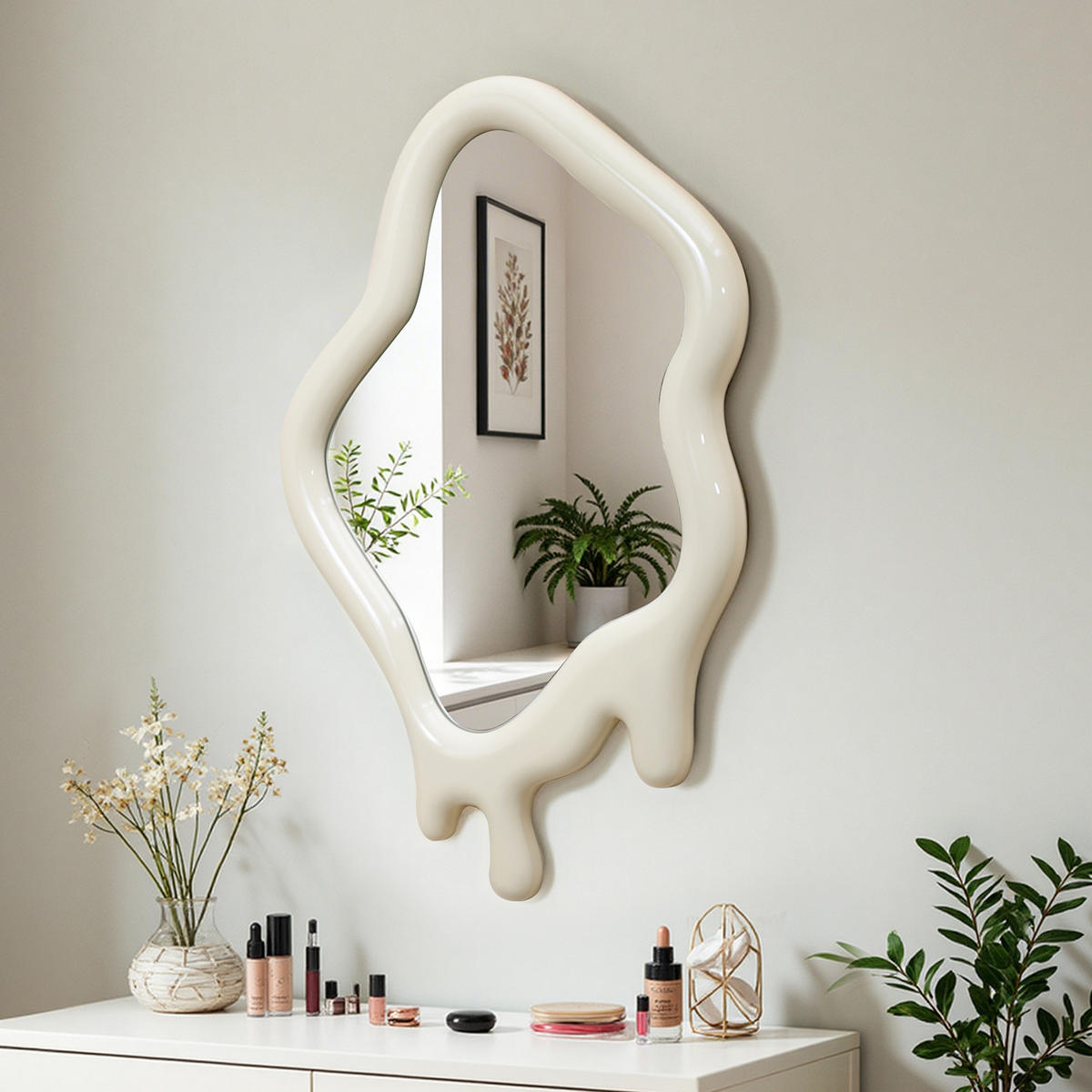 ASYMMETRISCHER Spiegel mit Holzrahmen 75×50 cm - Creme, Glas/Holz (50/3.5/75cm)