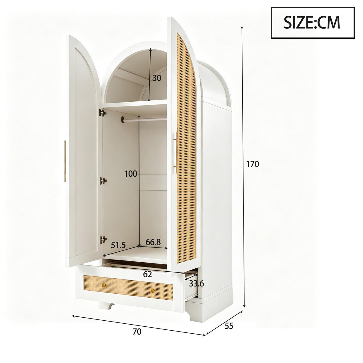 ŠATNÍ SKŘÍŇ dvojitá dvířka, umělý ratan, bílá, se zásuvkami - bílá, kompozitní dřevo (70/170/55cm) - Urban Meuble
