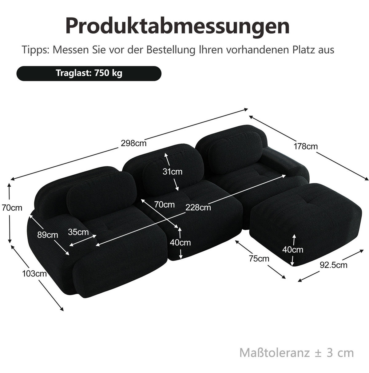 ECKSOFA in Schwarz aus Cord, modular, rahmenlos und montagefrei - Schwarz, Textil (178/298cm) - Flora Grace