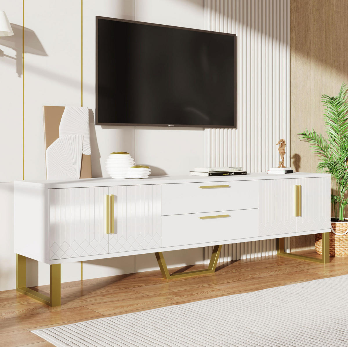LOWBOARD 170/40/53.5 cm Weiß/Gold aus MDF in Hochglanzoptik mit 4 Türen und 2 Schubladen - Weiß, Holzwerkstoff (40/53.5/170cm) - OKMYHOME