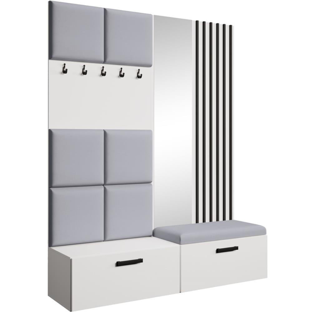 Beautysofa PŘEDSÍŇOVÁ sestava Margaret I+II 162/203/43 s čalouněnými panely / lamelami / zrcadlem, bílá|černá