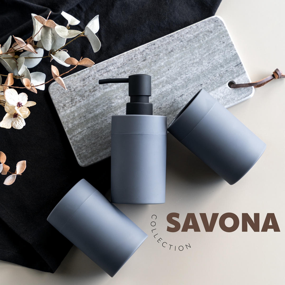 BADEZIMMER-SET SAVONA, Soft-Touch, grau, rund - Grau, Kunststoff (7/16/9cm) - bremermann