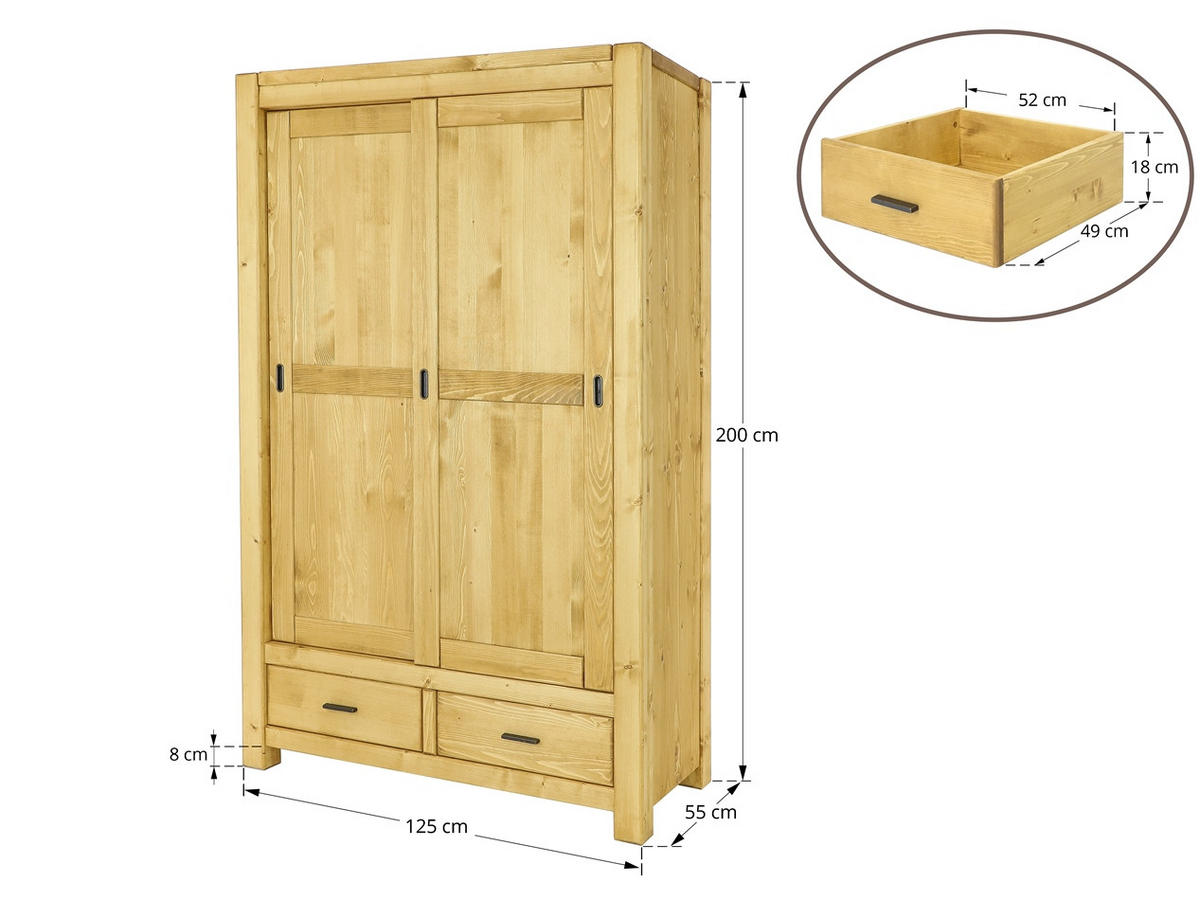 KLEIDERSCHRANK aus Massivholz Sara - Honig, Holz (125/200/55cm) - Seart