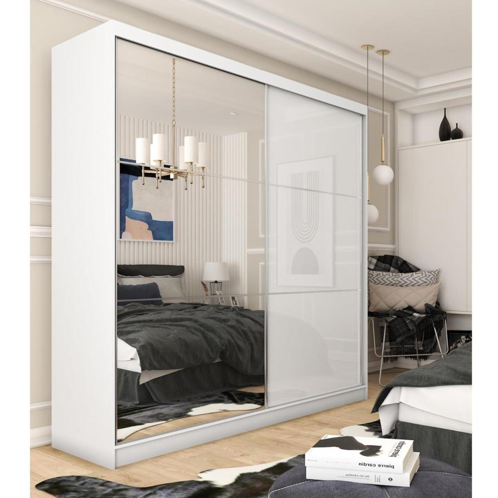 SCHWEBETÜRENSCHRANK Viva 200/216/61 weiß mit Spiegel - Weiß, Holzwerkstoff (200/216/61cm) - Beautysofa