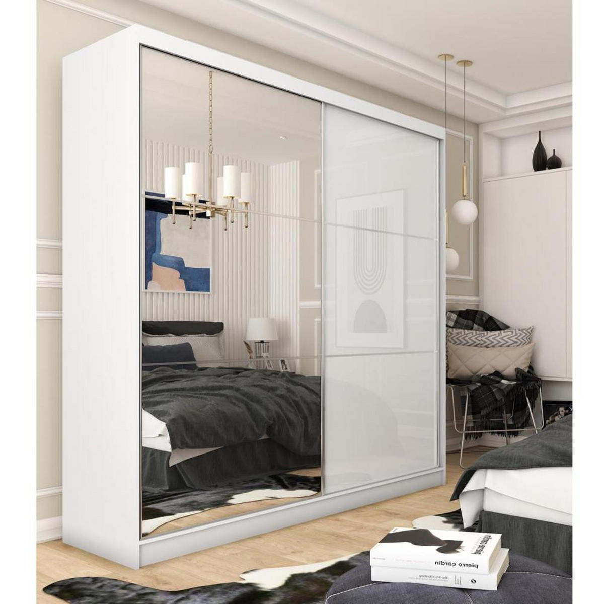 SCHWEBETÜRENSCHRANK Viva 200/216/61 weiß mit Spiegel und Schubladeneinsätze - Weiß, Holzwerkstoff (200/216/61cm) - Beautysofa